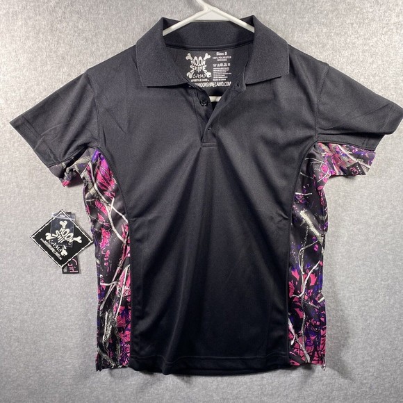 Muddy Girl Camo Black Polo Shirt Small Www.MoonshineCamo.com Polyesters Wicking - Picture 1 of 7